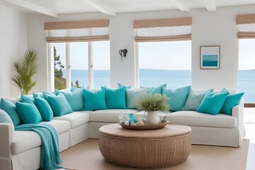Fabric turquoise sofa with turquoise pillows and coffee table. Large windows overlooking the sea or ocean. Modern living room in a seaside home, coastal interior design.