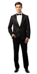 Person in Tuxedo Ready for Event - Suave and Elegant. Isolated on a Transparent Background. Cutout PNG.
