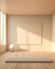 Fototapeta premium Minimalist interior design with a blank canvas on a wooden wall, natural sunlight casting shadows, and a textured sphere lamp.