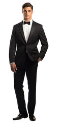 Person in Tuxedo Ready for Event - Suave and Elegant. Isolated on a Transparent Background. Cutout PNG.