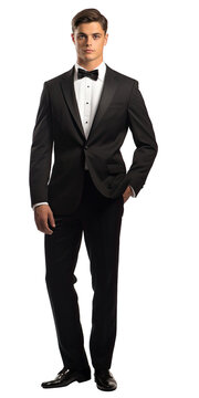 Person in Tuxedo Ready for Event - Suave and Elegant. Isolated on a Transparent Background. Cutout PNG.