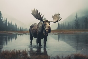 Majestic moose captured in a 16mm photograph. Generative AI - obrazy, fototapety, plakaty