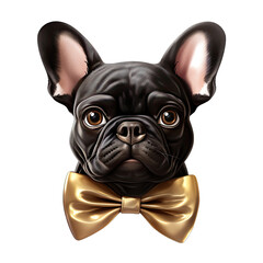 A French Bulldog With a Glittery Bow Tie for New Year Emoji Face Character. Isolated on a Transparent Background. Cutout PNG.