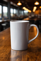 Fototapeta premium Close-up of an empty white mug on a wooden table in a cafe with a cozy, blurred background and warm lighting.