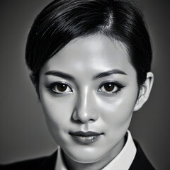 close-up black and white portrait of an East Asian woman with her hair neatly styled. She has prominent, well-defined eyebrows, and her eyes are gazing directly at the camera, giving a strong and focu