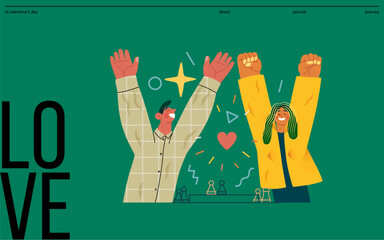 Valentine: Joyful Success - modern flat vector concept illustration of a happy couple celebrating winning at chess with raised arms. Metaphor of love, shared achievement, affection, connection