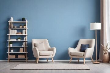 Fabric chair and bookcase against a blue wall. Scandinavian interior design for a modern living room. Patient reception room. - obrazy, fototapety, plakaty