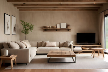 Interior design of a modern living room in Japanese style. Corner sofa made of beige fabric with a coffee table made of barn wood.