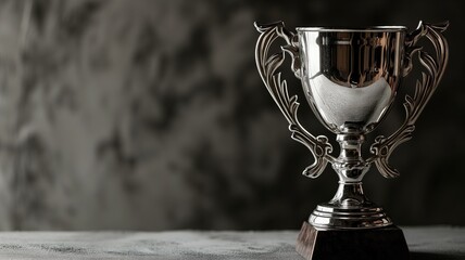 Elegant silver trophy cup on a textured grey background - obrazy, fototapety, plakaty