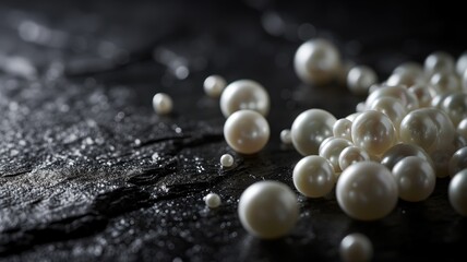 Scattered white pearls on a dark, textured surface