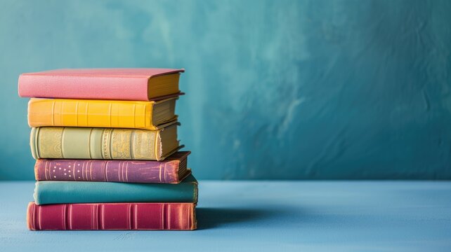 A stack of colorful hardcover books on a blue surface