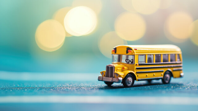 Miniature yellow school bus toy on a dreamy blue background