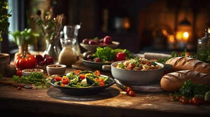 Rustic Kitchen with Healthy Homemade Meal. Generative AI
