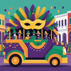 Minimalist and Clean Mardi Gras Parade Float - Festive digital pop illustration of a colorful float in a Mardi Gras parade Gen AI