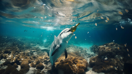 Fototapeta na wymiar Dolphin swims in the sea polluted by bottles and garbage