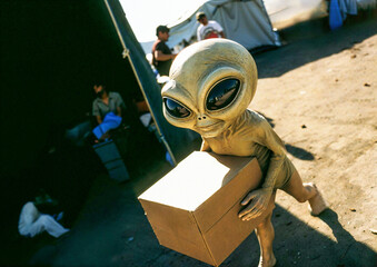 A realistic alien character carries a cardboard box at a flea market, swap meet, outdoor photography, street photography, green alien, realism, candid fiction  - obrazy, fototapety, plakaty
