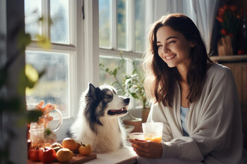 happy smiling woman with her dog at home 