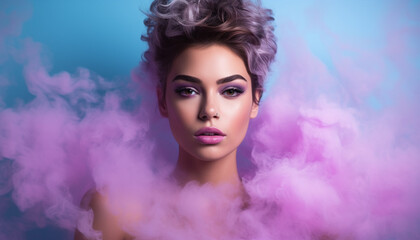 Fototapeta premium portrait of a young woman in pink smoke