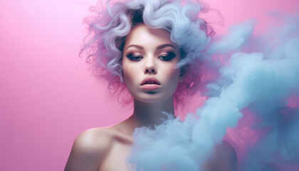 Fototapeta premium portrait of a young woman in pink smoke