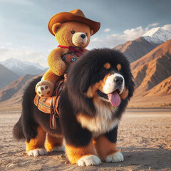Brown teddy bear in cowboy hat riding large brown and black dog, dog is standing on sandy surface, scene is set against backdrop of mountains