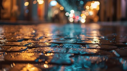Rainy Night Bokeh on Wet Cobblestone Street