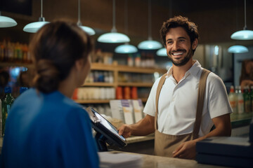 man serving cashier
