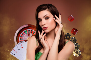 Creative banner collage charming young lady promo casino card roulette games poker blackjack...