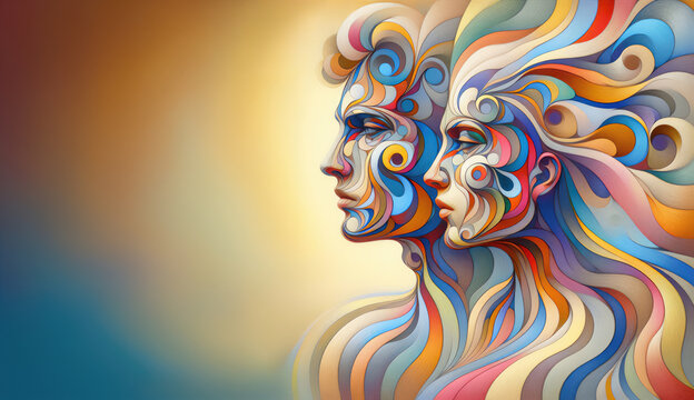 abstract poster of two people with different colors, swirl facial structure, highly detailed character design, parallelism with a visionary look, man and woman, transhuman, transcendent, tense design,
