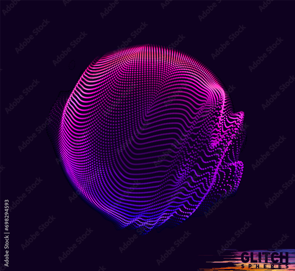 Sticker abstract vector colorful mesh on dark background. futuristic style card. corrupted point sphere