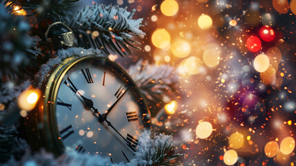 Pocket watch on a decorated snowy christmas trer - sparkles and lights background