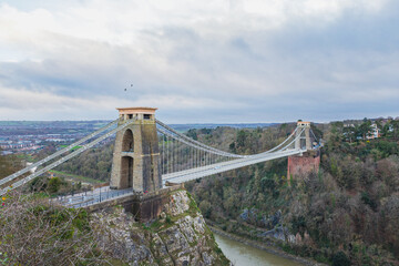 wide angle view of the landmark of Bristol, Clifton Suspension Bridge and Clifton Observatory