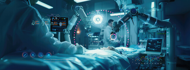 future robotic arms performing automated medical health care operation for future precision surgical robot and remote control hospital equipment as wide banner design with information hologram