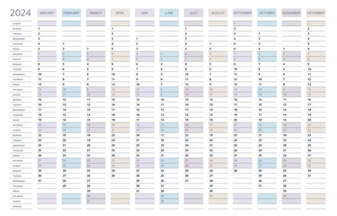 Vertical 2024 calendar vector, english language. 2024 Calendar of 12 Months