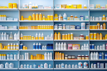 A pharmacy with shelves of medications, offering a variety of health products for treatment.