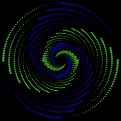 swirl of blue green balls, abstract spiral rotating and twisting lines, computer generated background, 3D rendering background