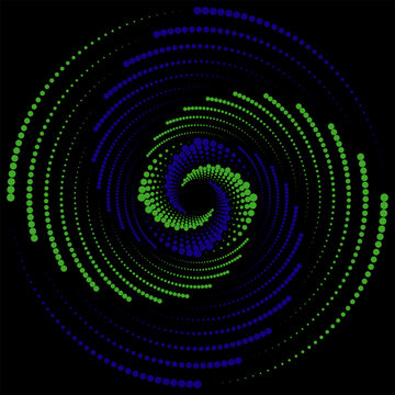 swirl of blue green balls, abstract spiral rotating and twisting lines, computer generated background, 3D rendering background