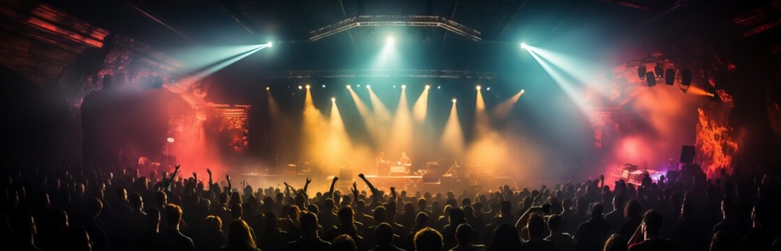 Concert Stage, Bright Light Rays And Colored Smoke Above A Crowd Of Spectators. Concept: Design Of Music Events