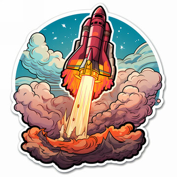 recommend clip art: rocket cartoon launcher pop art style illustration, colorful spaceship cosmic book