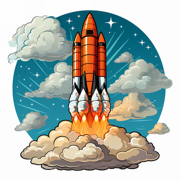 recommend clip art: rocket cartoon launcher pop art style illustration, colorful spaceship cosmic book