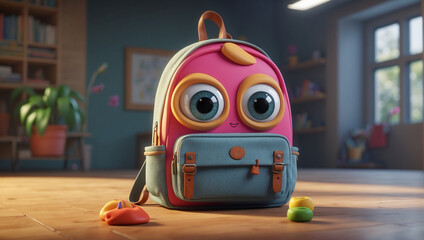 Cartoon  funny school backpack with eyes and smile