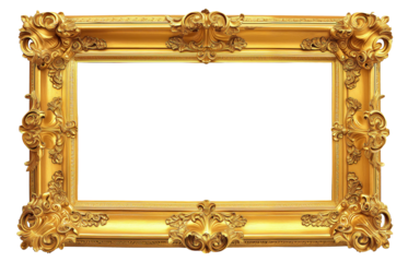 antique golden frame isolated on white transparent background, png. Decorative gold vintage frame or border, Gold photo frame with corner line floral for picture
