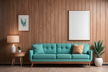 Fototapeta na wymiar Turquoise fabric sofa against wooden wall cladding background with empty mockup poster frame. Interior design of modern living room in retro mid-century style, vintage.