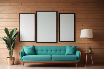 Turquoise fabric sofa against wooden wall cladding background with empty mockup poster frame. Interior design of modern living room in retro mid-century style, vintage.