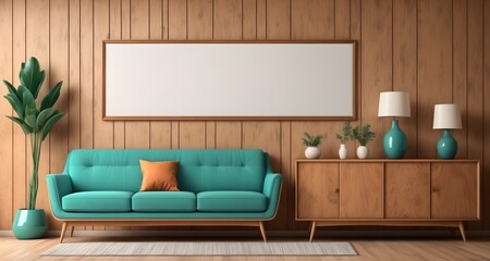 Turquoise fabric sofa against wooden wall cladding background with empty mockup poster frame. Interior design of modern living room in retro mid-century style, vintage.