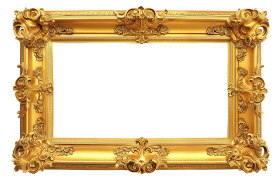 antique golden frame isolated on white transparent background, png. Decorative gold vintage frame or border, Gold photo frame with corner line floral for picture
