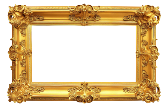 antique golden frame isolated on white transparent background, png. Decorative gold vintage frame or border, Gold photo frame with corner line floral for picture
