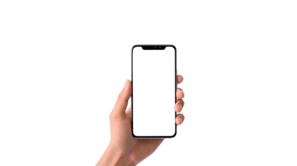 Foto op Aluminium View fornt a hand holding smart phone with blank screen, isolated on transparent background. mock up smartphone. © meta