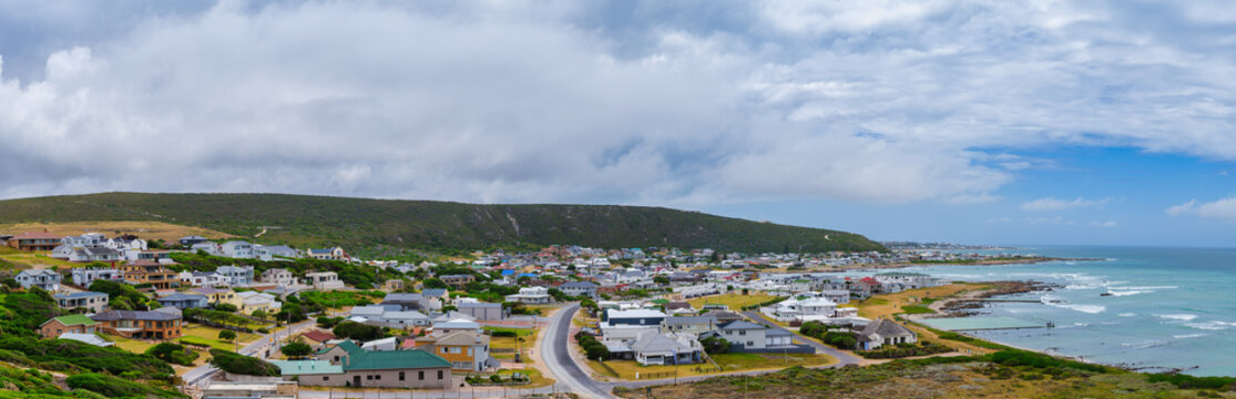 Panorama shot of the Cape Agulhas beach town, southernmost tip of Africa, L'Agulhas, Western Cape, South Africa