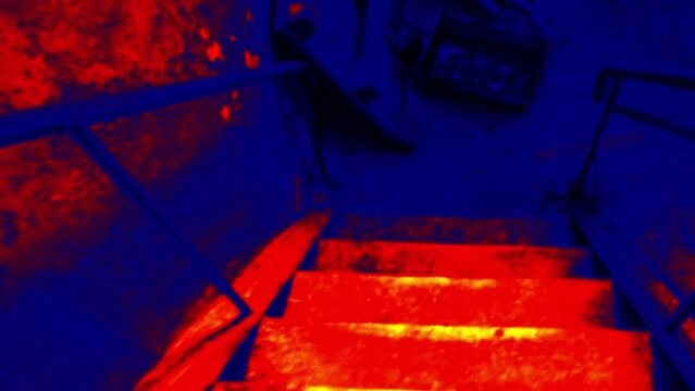 Concrete-metal stairs to the basement, It's a creepy place of maniac. An analogue of the infra-red image