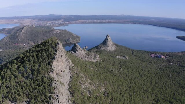 Aerial drone footage of the Okzhetpes Mountain and Borovoe Lake in Natonal park Burabay Borovoe , Kazakhstan